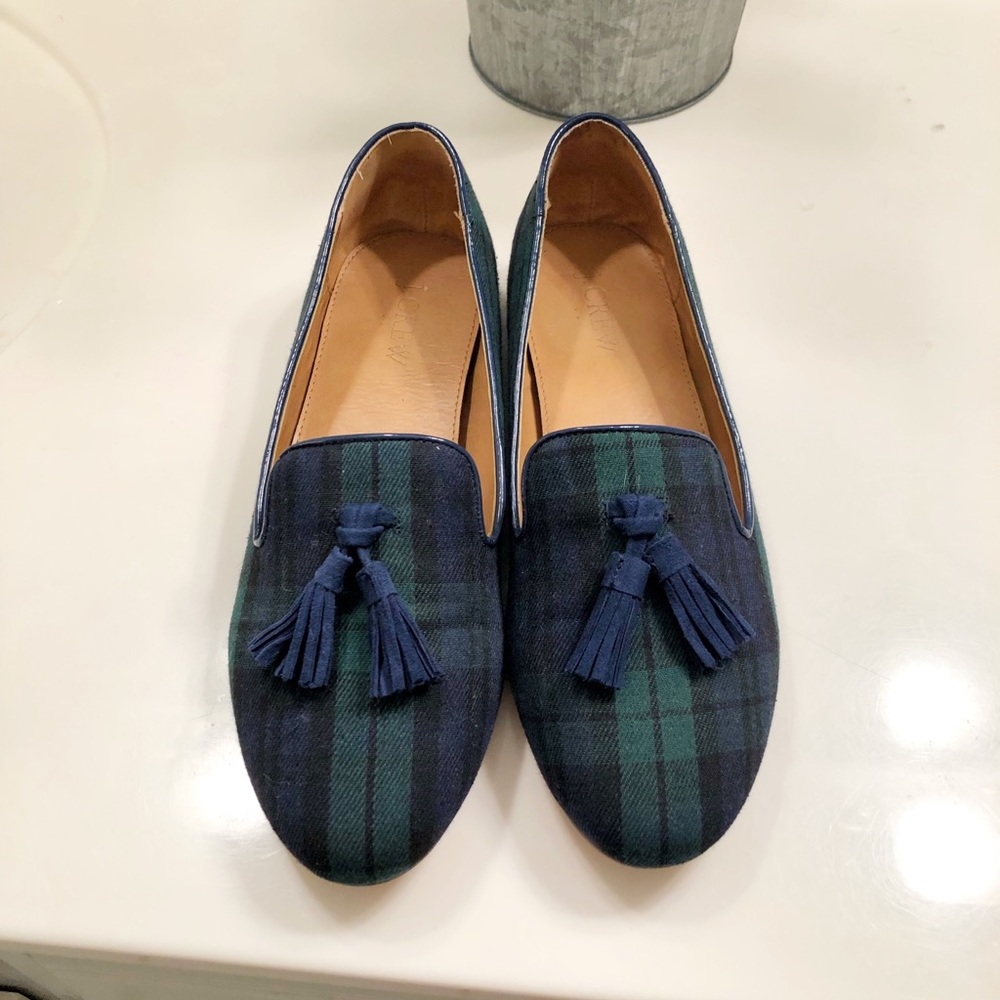 J Crew black watch plaid tassel flats/loafers 8.5